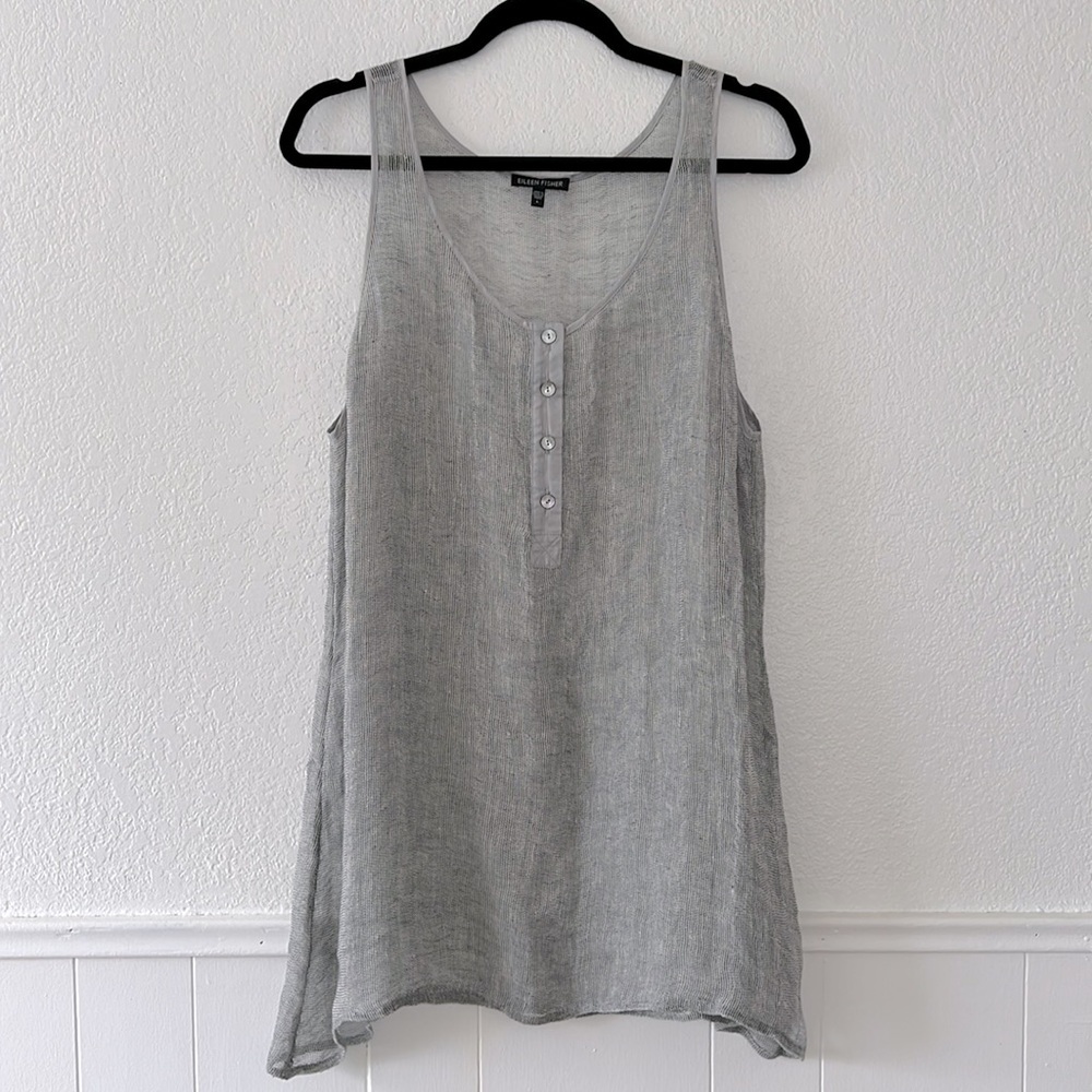 eileen fisher light grey linen mesh vacation summer tank top L